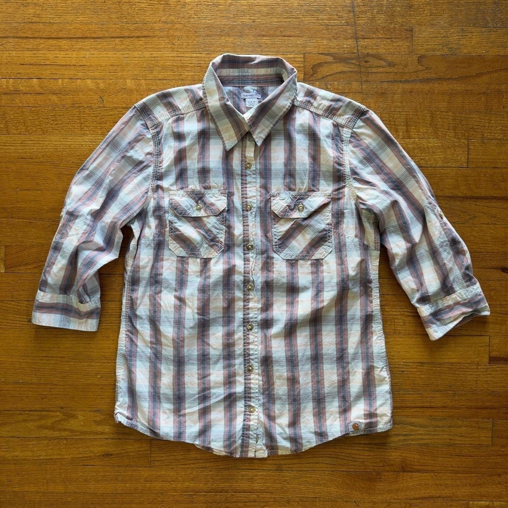 Womens Carhartt Plaid Button Up Shirt 3/4 Sleeve Western Style M
